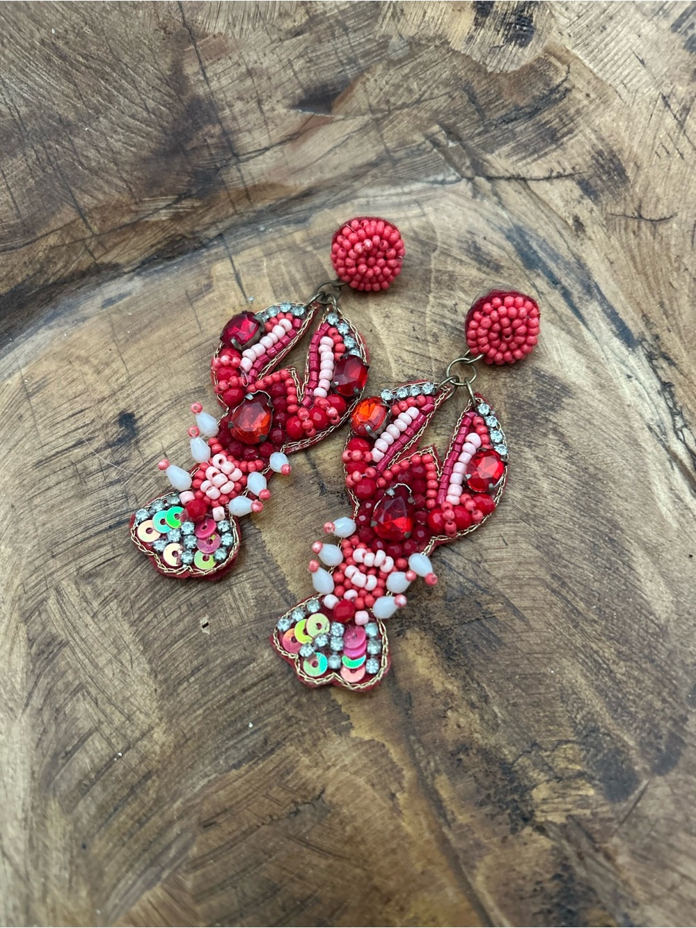 Red Beaded Lobster Drop Earrings